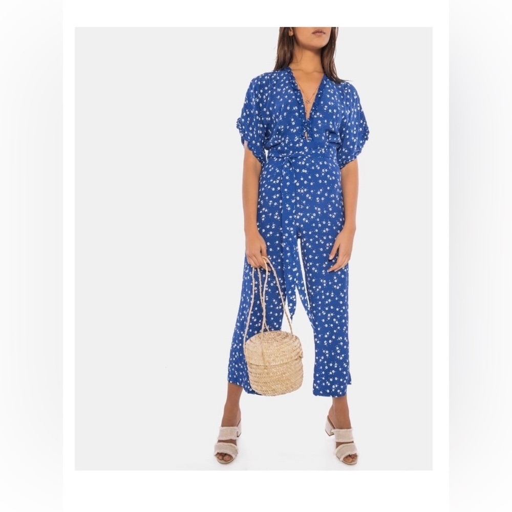 Faithfull The Brand La Villa Cobalt Blue Floral Print Wide-Leg Jumpsuit